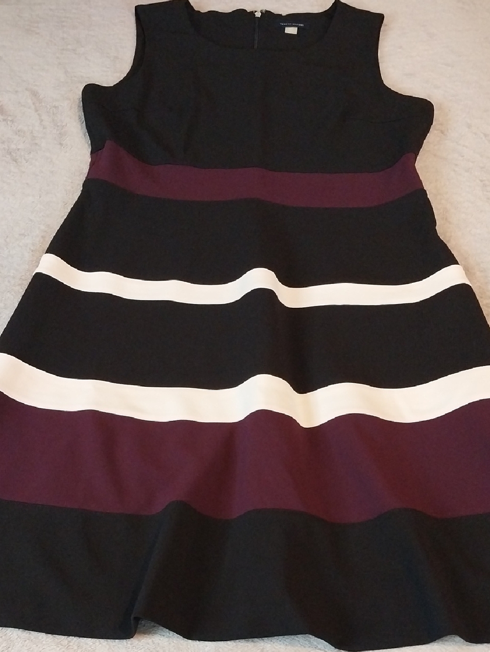 Tommy Hilfiger Sleeveless Striped Midi Dress in Black, White & Plum